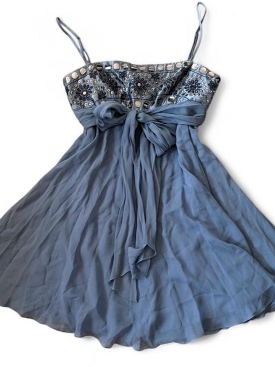 BCBGMaxAzria Dresses & Skirts - BCBGMaxAzria Dusty Blue Embellished Spaghetti-Strap Silk Dress